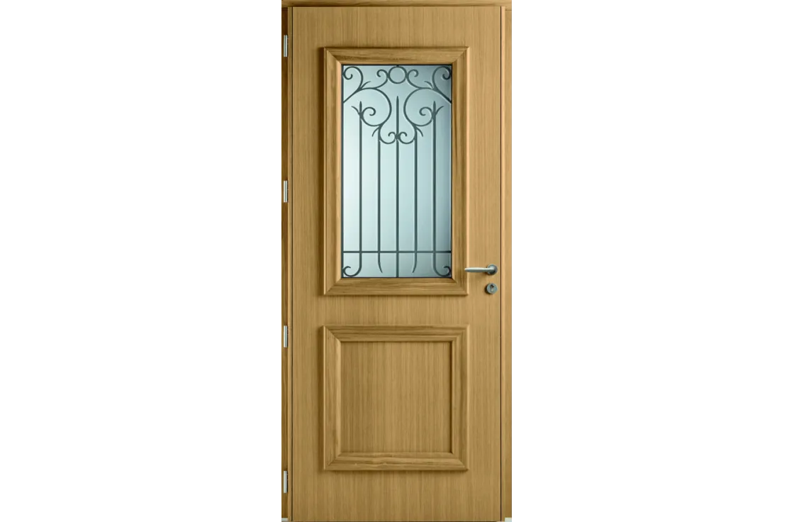 Porte d'entrée alu bois classique vitrée et grille intégrée