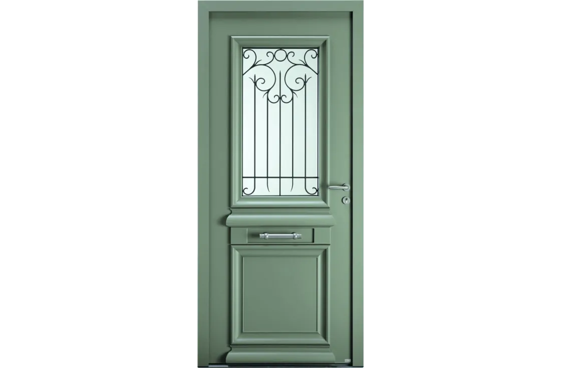 Porte d'entrée alu bois classique vitrée et grille intégrée