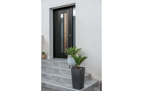 Porte d'entrée acier vitrée avec décor bois