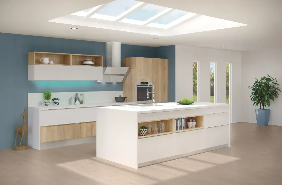 cuisine equipee sur mesure moderne bois et blanc