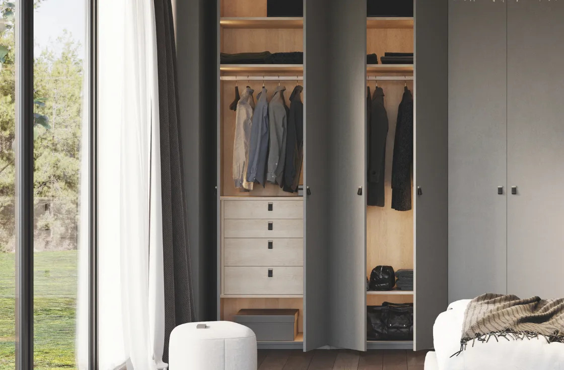 Dressing armoire bois clair et gris mat - Rangement élégant et fonctionnel