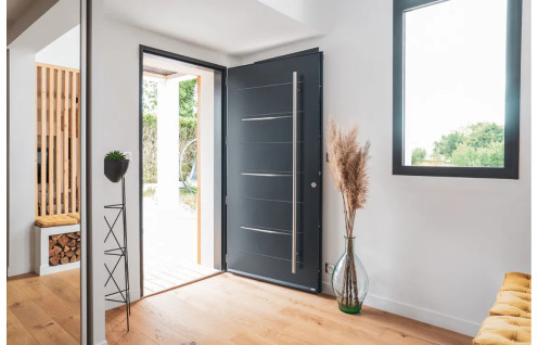 Porte d'entrée acier moderne avec 3 inserts inox